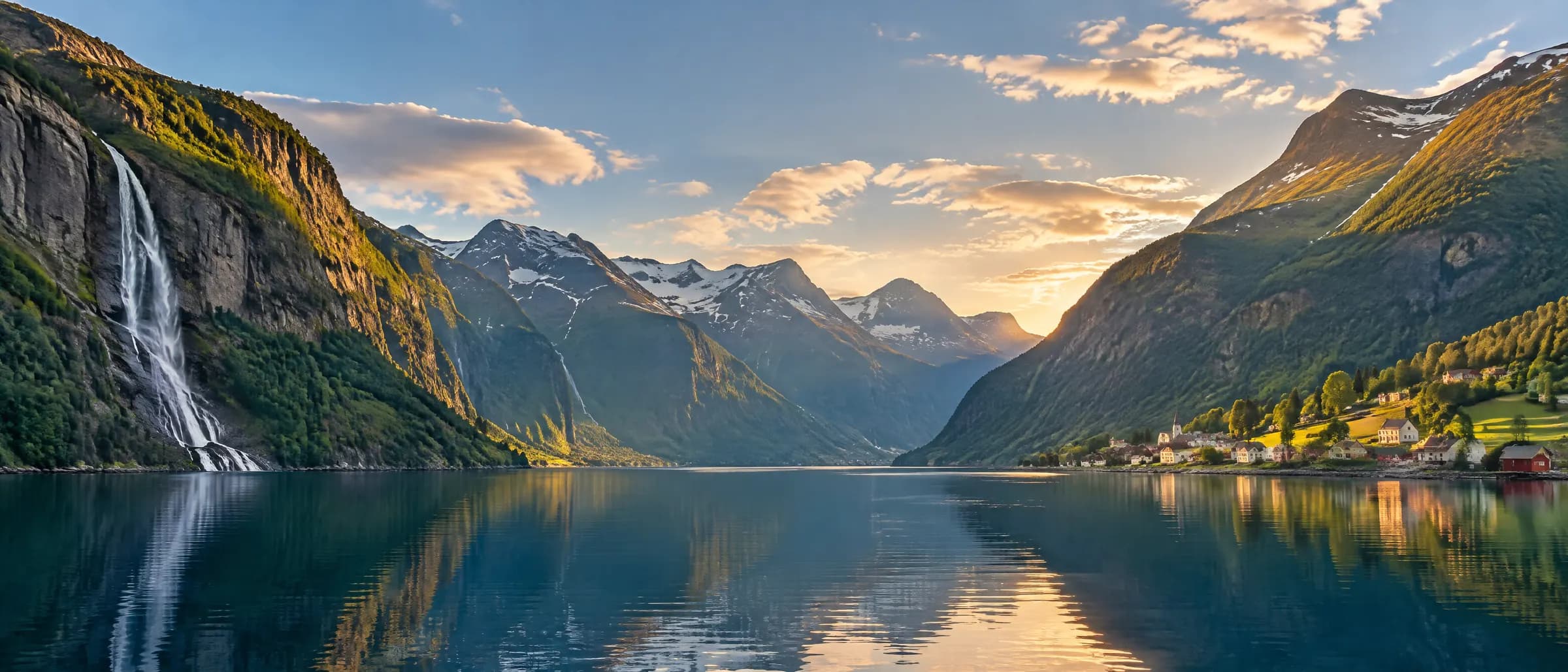 Fiord norweski z wodospadami i drewnianymi domami nad wodą — ilustracja