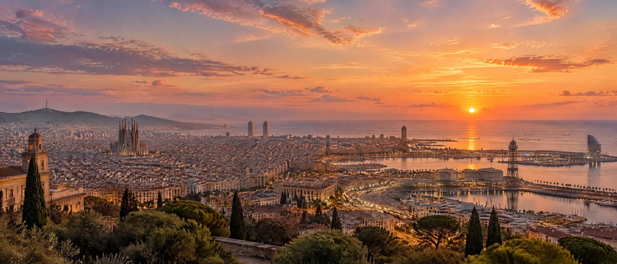 Barcelona z Sagradą Familią i morzem o zachodzie słońca — ilustracja